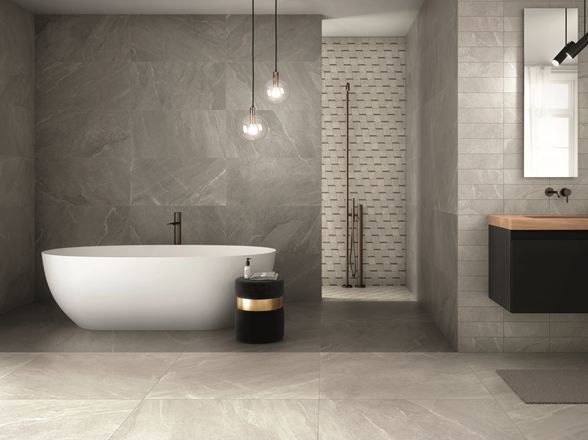 Łazienka wyłożona płytkami z gresu porcelanowego Canyon Pearl