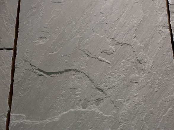 Zbliżenie na płytę z piaskowca Kandla Grey o naturalnie aksamitnej, szczotkowanej powierzchni