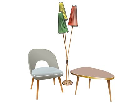 Typowe meble w stylu retro: lampa stojąca z jaskrawymi abażurami i oparciem w kształcie nerki